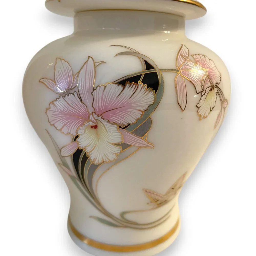 Fine China Vintage Orchid and Butterfly Vase and Ginger Jar Set